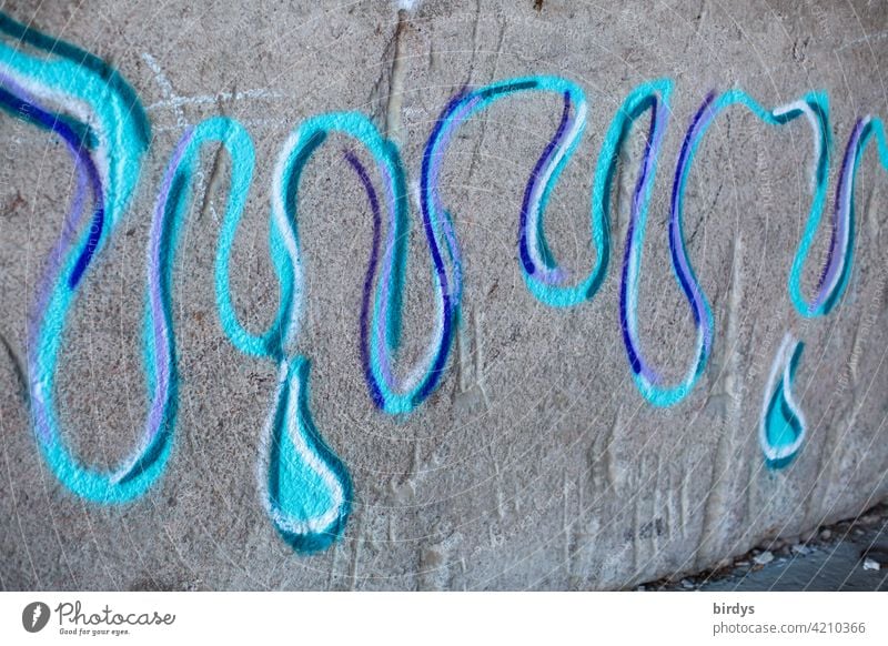 Graffiti, snake pattern and drops in blue tones on grey concrete wall Wiggly line Abstract Concrete wall Youth culture bluish Drop curves Turquoise Blue purple