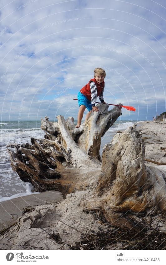Childhood | Summer happiness by the sea vacation holidays Ocean Baltic Sea Beach Water Boy (child) Sand Wood Climbing To enjoy Playing Barefoot Joy Good mood