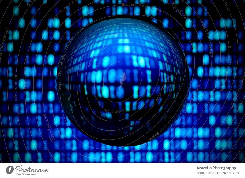Blurry binary code background with distorted view through a lens ball in blue abstract abstract object algorithm coding communication computer concept cyber