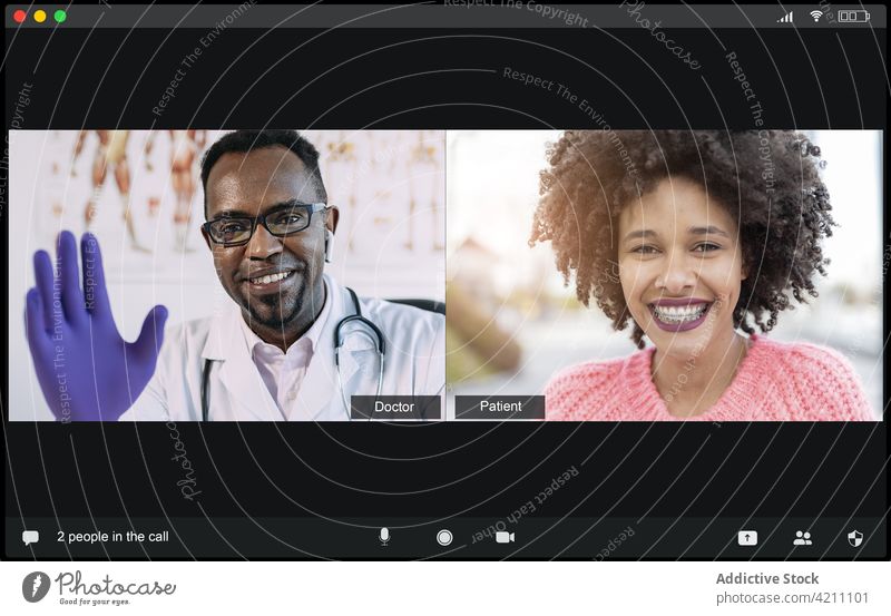 Happy young black male doctor and female patient smiling at camera during online consultation man woman telemedicine video call wave hand smile communicate