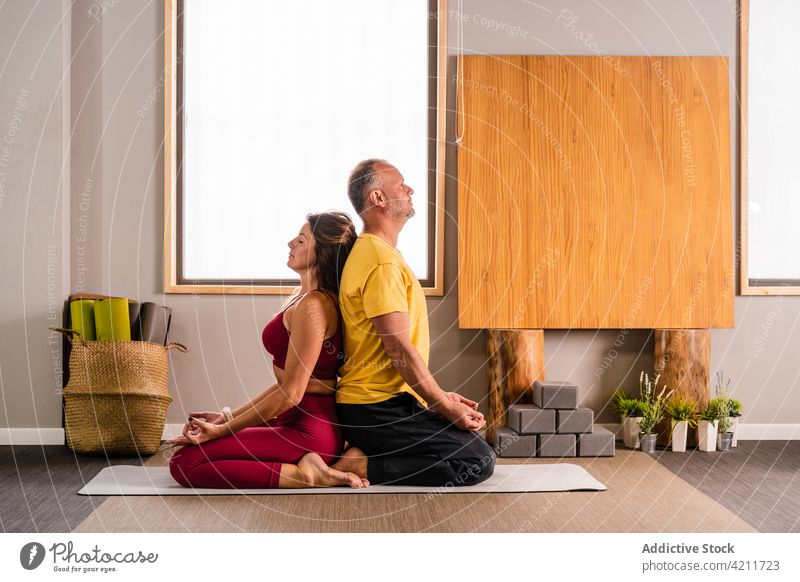 Relaxed couple practicing Vajrasana yoga pose vajrasana thunderbolt together relax mindfulness stress relief back to back meditate zen wellbeing harmony