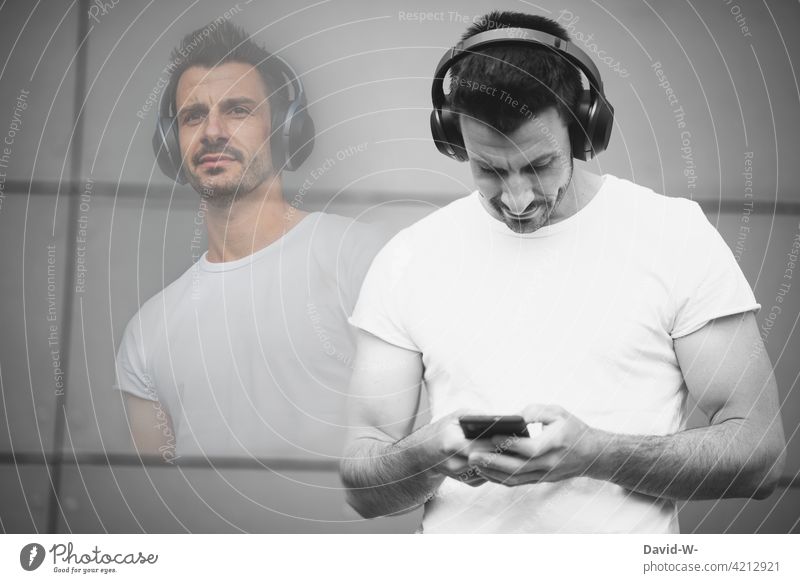 Stream music via your mobile phone Music stream Cellphone Headphones Listening Man Cool To enjoy eavesdrop Joy relaxation Photomontage