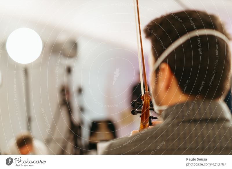 Rear view violinist with face mask Unrecognizable Violin Violinist Music Musician Human being Classic Interior shot Musical instrument Classical Art