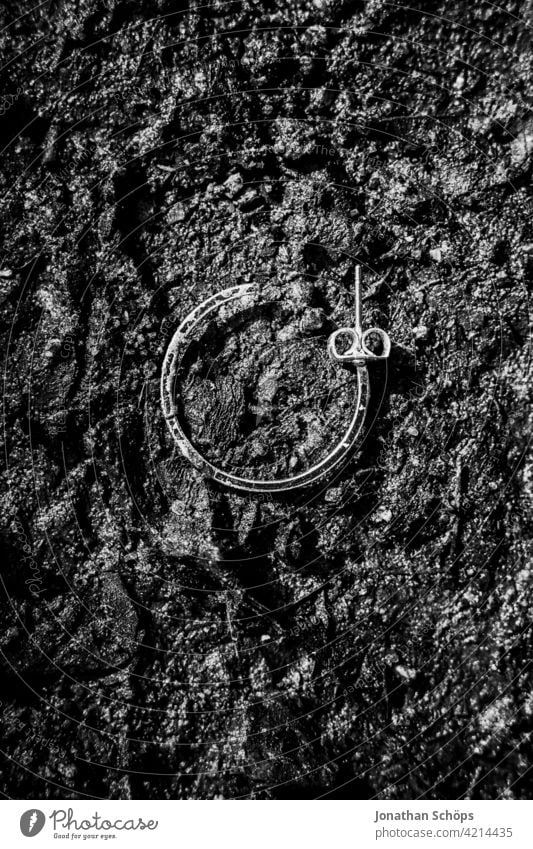 Macro earring on the floor Jewellery macro Close-up black-and-white Black & white photo Ground Street off Round earrings Exterior shot Detail Deserted Contrast