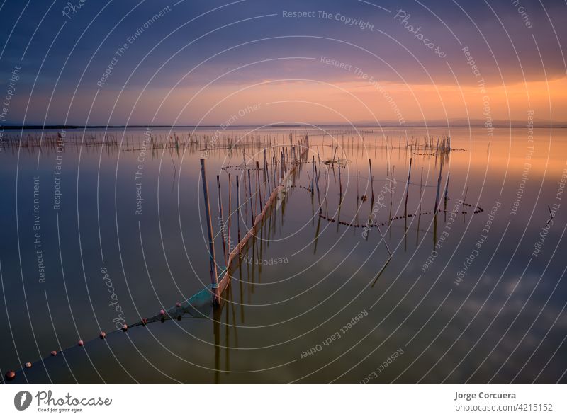 typical fishing system with rods and sticks, of the Valencia lagoon in Spain. Nice image with some very interesting lines. Close to sunset time with an impressive cloudy sky and beautiful colors.