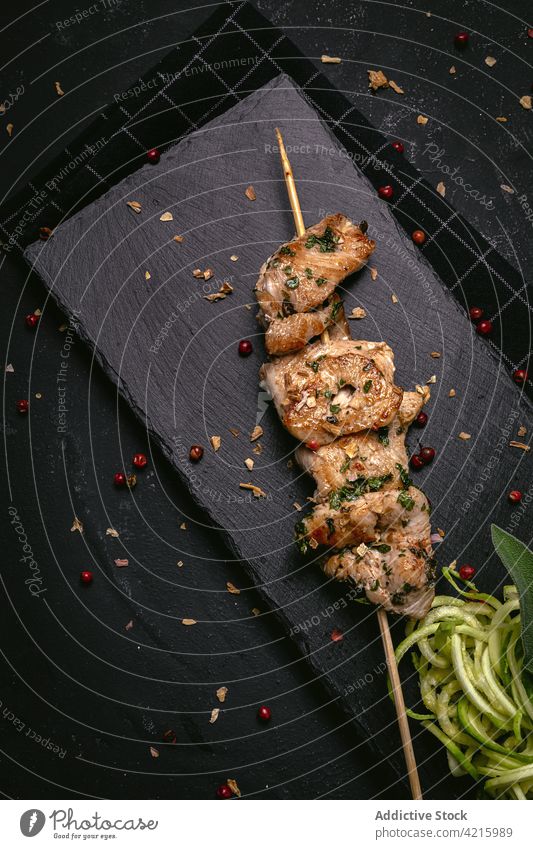 Tasty meat on skewer on tray dish appetizing serve piece tasty food meal delicious cuisine gourmet ingredient cook gastronomy culinary nutrition fresh dinner