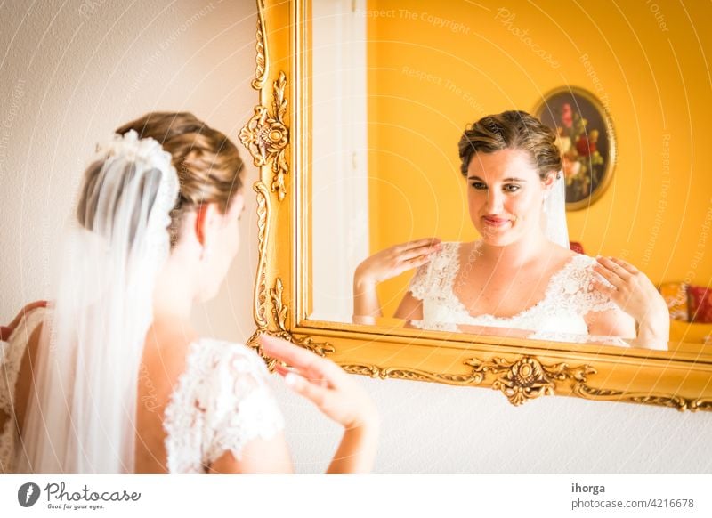 Bride getting ready on her wedding day adult anniversary background beautiful beauty bridal bride caucasian celebration ceremony closeup colorful concept design