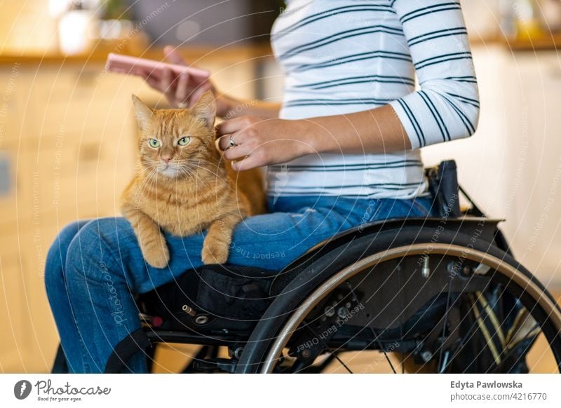 Woman in wheelchair with cat on her lap domestic life disability disabled confidence woman independent indoors home house people young adult casual female