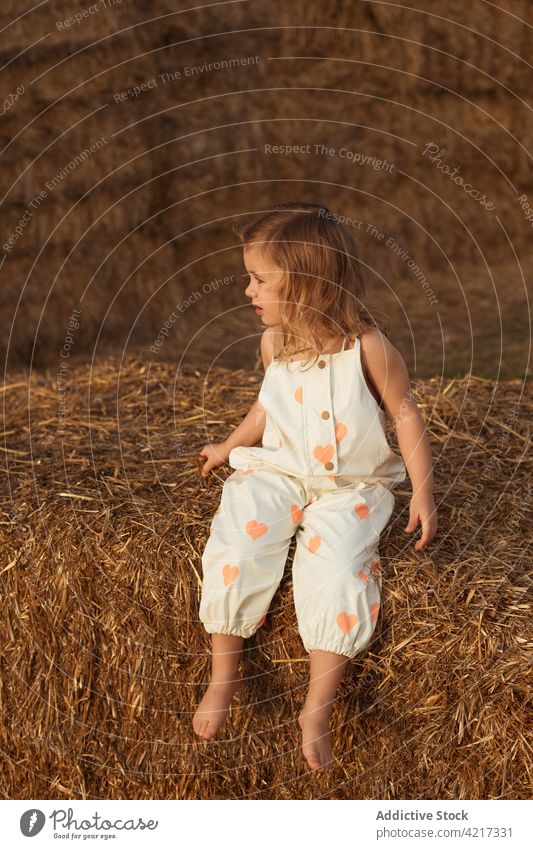 Happy girl standing on hay roll in countryside straw bale moment carefree having fun playful kid child childhood happy sit weekend cute joy little cheerful