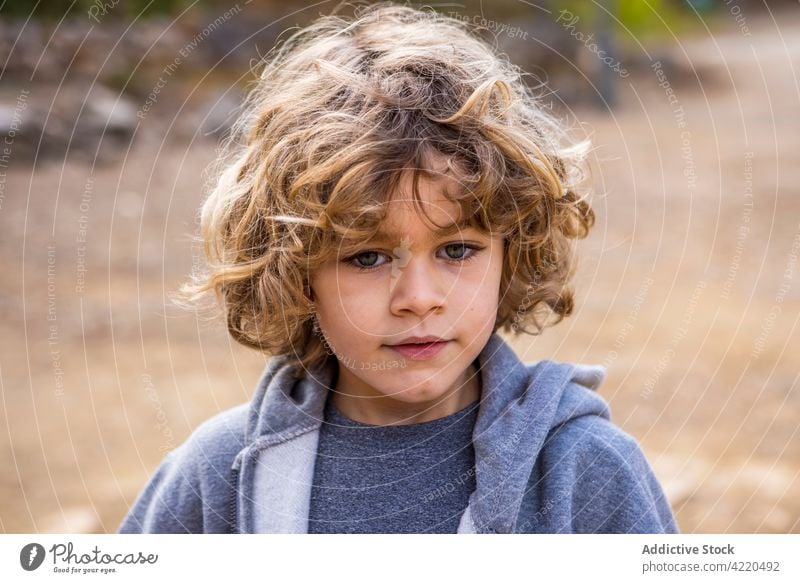 Boy in hoodie with wavy hair in daytime boy charming friendly childhood sincere wistful casual style alone portrait gray soft wear pensive solitary kid