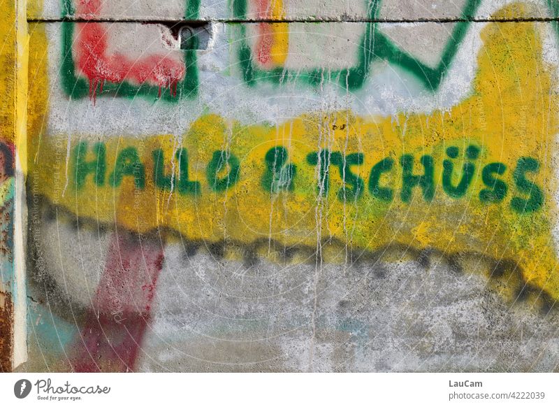 Hello & Bye in green on yellow Hello and bye Salutation Farewell Colour photo Green Communicate Welcome Characters Exterior shot Graffiti words Yellow Word