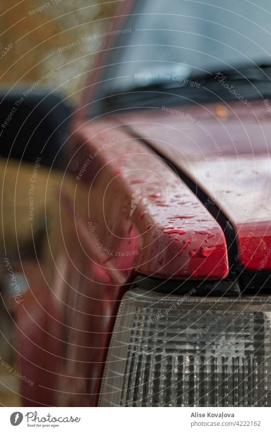 raindrops on a car Car Volvo Red mood Reflection Rain Wet Drops of water Water Detail Colour photo Weather spring weather front