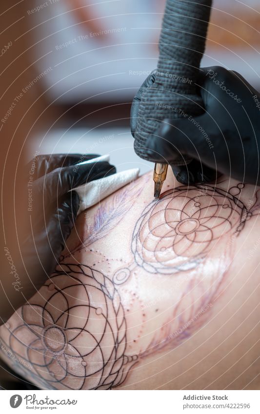 Tattooist applying tattoo on hip of anonymous woman in shop tattooer draw client art precise focus women tattoo shop tattooist machine accuracy attentive