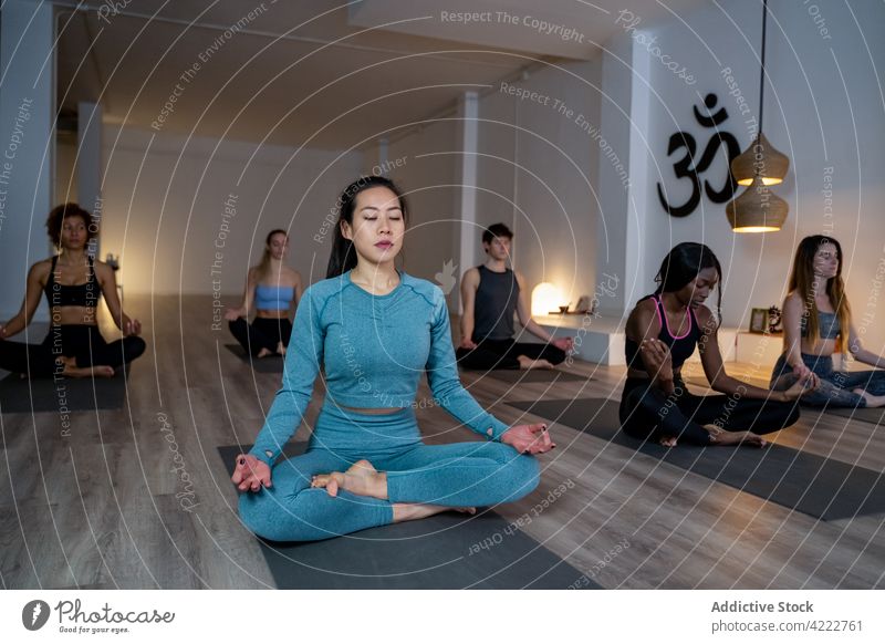Peaceful multiethnic people meditating together during yoga lesson class meditate asian mindfulness zen lotus pose studio multiracial diverse eyes closed asana