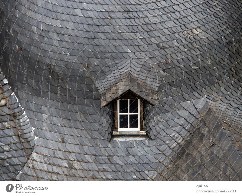skylight Architecture Window Roof Roofing tile Stone Concrete Old Sharp-edged Gray Black White Calm Loneliness Esthetic Uniqueness Perspective Town Slate
