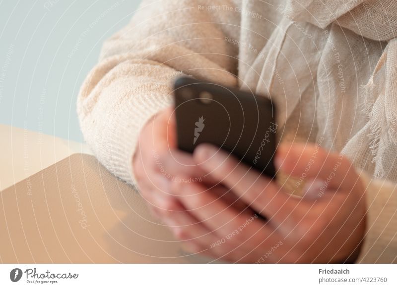 Hands with Smartphone smartphone hands Woman Upper body Detail Subdued colour Interior shot labour Playing Technology Internet Digital Modern whatsapp