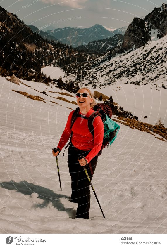 Young woman hiking on the Hochmiesing | Soinsee closeness to nature outdoor soinsee Hiking bavarian cell Upper Bavaria Alps mountains Spring Peak Sky Clouds