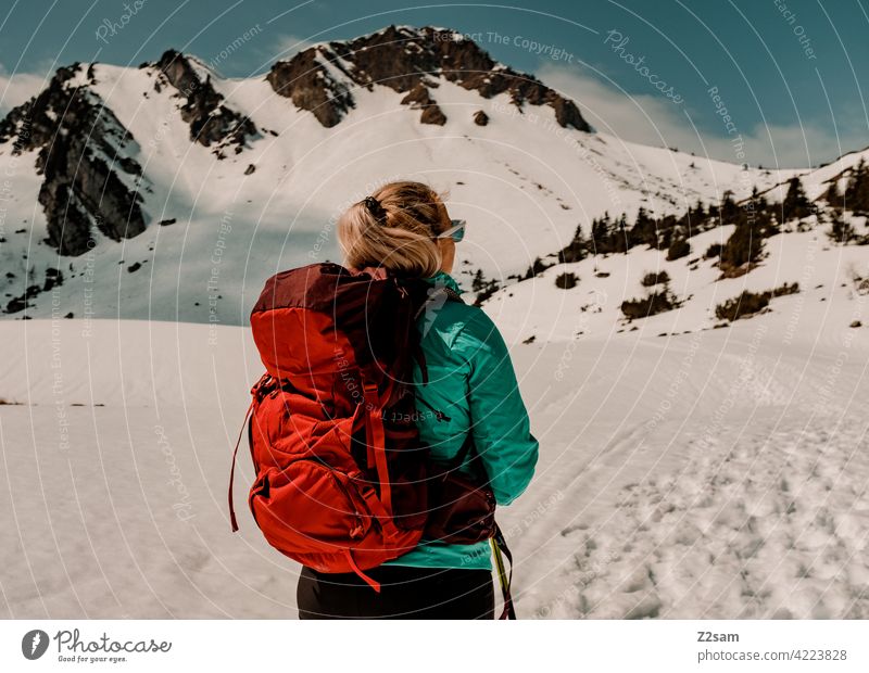 Young woman hiking on the Hochmiesing | Soinsee closeness to nature outdoor soinsee Hiking bavarian cell Upper Bavaria Alps mountains Spring snow-covered Peak