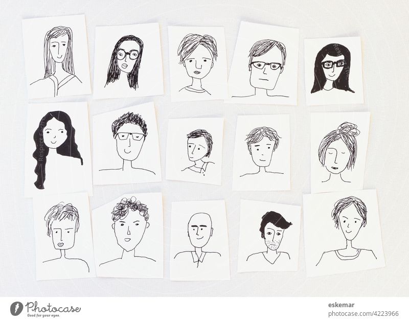 faces Face people Woman Man Many Earmarked Drawing Art Copy Space background White whiter women portrait portraits Funny Drawings Human being group Friends