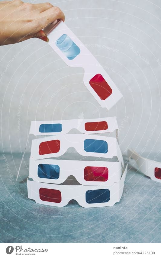 Disposable 3D vintage glasses retro cinema film disposable red blue many group objects nostalgia past still life paper paper board 80s 90s abstract 3d glasses