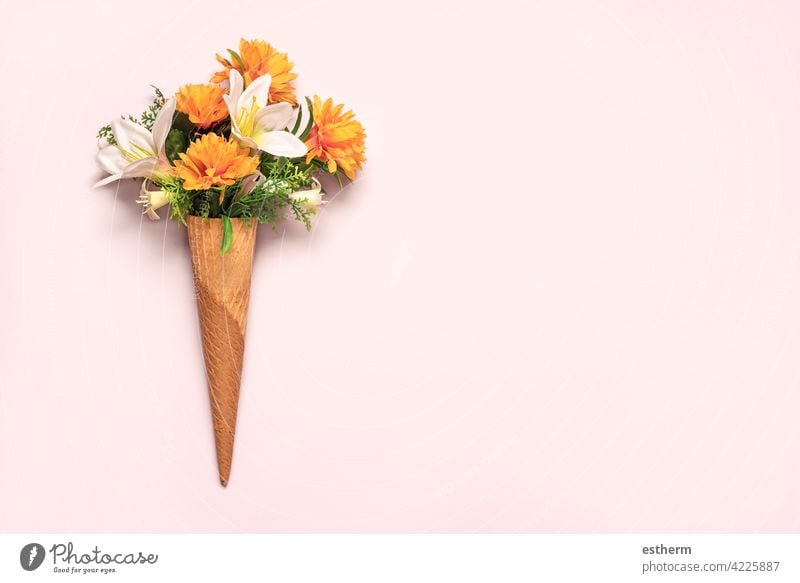 ice cream cone with flowers with copy space springtime sweet leaves green flora romance Mother's Day above plant summer florist gift flourish mommy mother