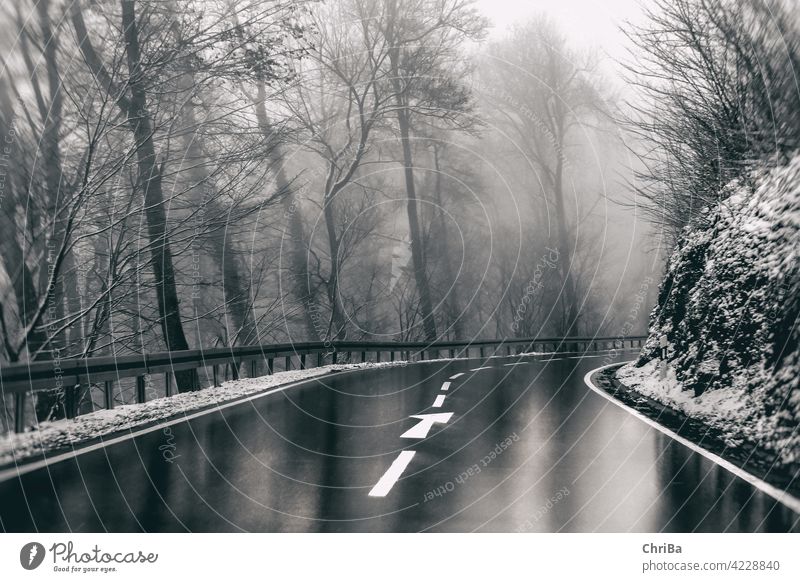 Winter wet, winding road in the fog on the Swabian Alb, obscured curve, snow-covered forest and reflections in the almost black and white twilight. Curve Street