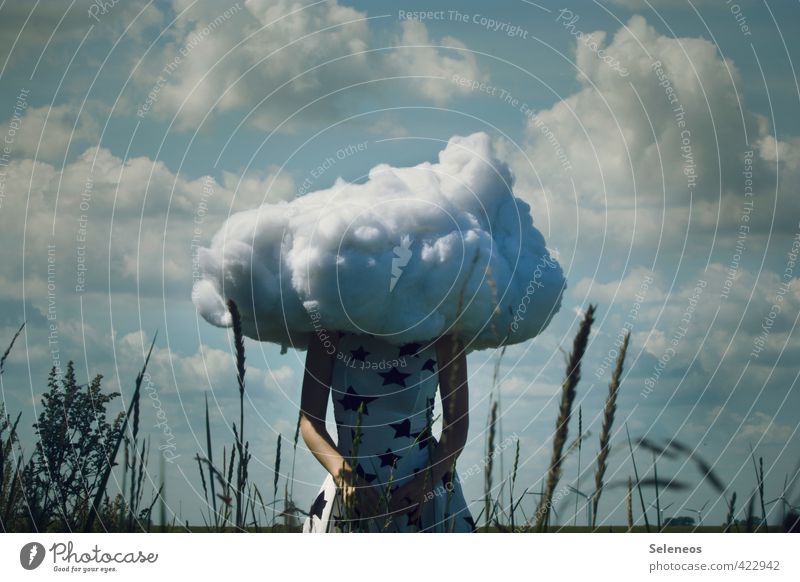 fancy outfit Summer Human being Feminine Woman Adults 1 Environment Nature Landscape Sky Clouds Grass Dream Longing Whimsical Surrealism Colour photo