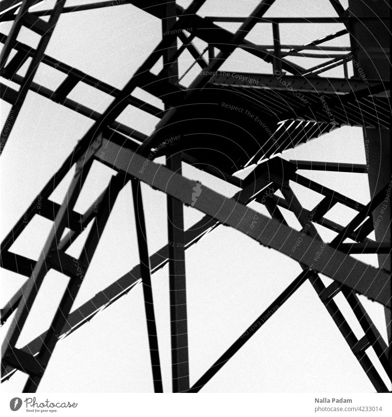 steel frame Analog Analogue photo B/W black-and-white Black & white photo Westpark Steel lines Stairs Scaffolding Exterior shot Architecture Deserted