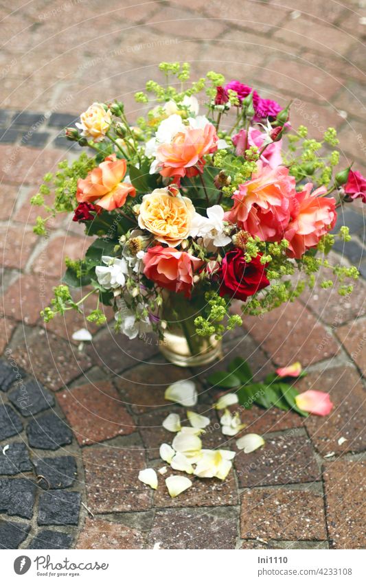 Bouquet of roses from the garden bouquet of roses Rose leaves Garden Climbing Roses Alchemilla vulgaris glass vase Fragrance Rose scent Scented Roses