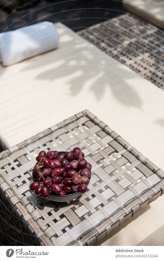 Bowl of fresh tasty grapes served on lounger fruit sunbed sunlight harvest ripe bowl food vitamin healthy delicious wicker tray garden sweet nutrition bunch
