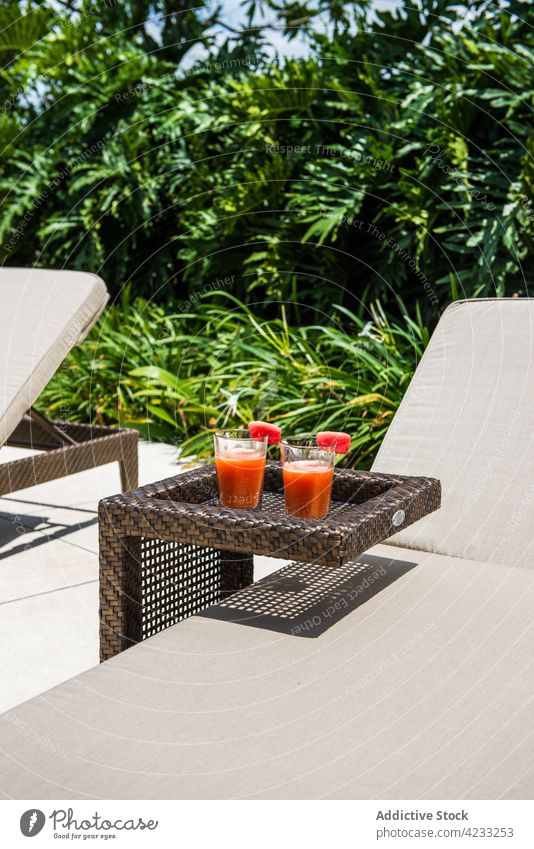 Sun loungers placed in tropical garden with glasses of watermelon smoothie sunbed resort refreshment juice delicious vitamin exotic vacation drink fruit