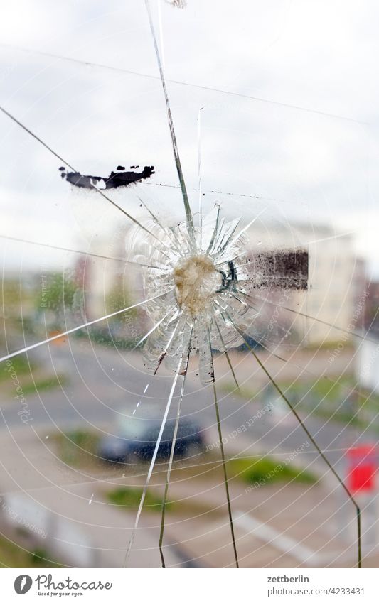 Another hole in the disc Window Broken Hollow Repair Slice spider app jump stone's throw Window pane Pane Glass Crack & Rip & Tear Vandalism Rockfall mend