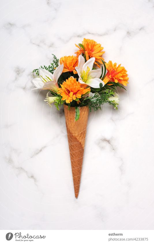 ice cream cone with flowers springtime sweet leaves copy space green flora romance Mother's Day above plant summer florist gift flourish mommy mother abstract