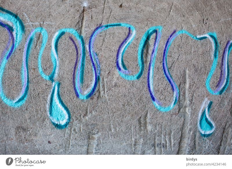 Graffiti, snake pattern and drops in blue tones on grey concrete wall Wiggly line Abstract Concrete wall Youth culture bluish Drop curves Turquoise Blue purple