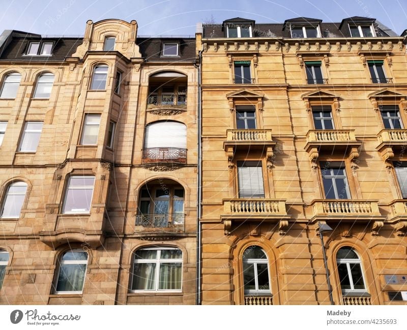 Renovated old buildings with beautiful facade of light sandstone on the banks of the river Main in Frankfurt am Main in Hesse Old building