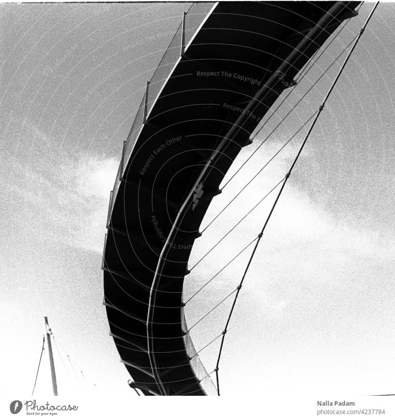 A bow swings open Analog Analogue photo B/W black-and-white Bridge ore swing arm pedestrian bridge Architecture Pylons Steel ropes Steel cables Worm's-eye view