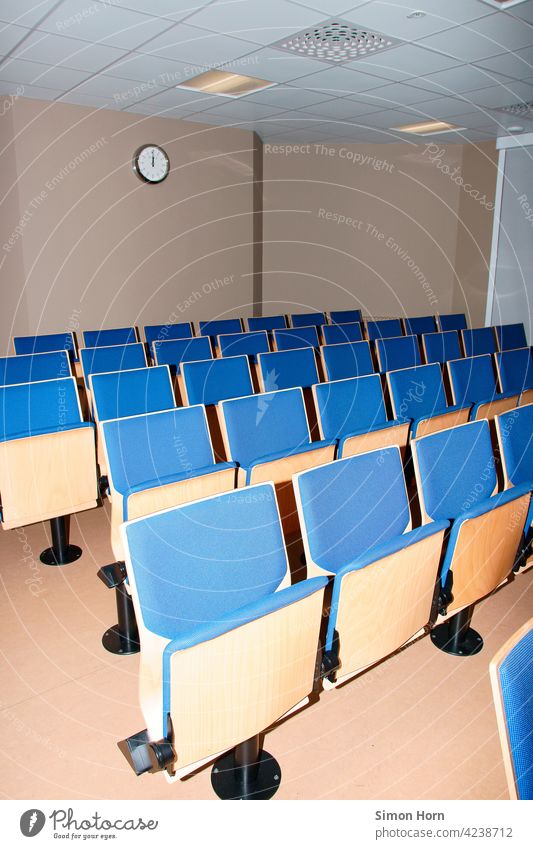 small lecture hall - deserted Lecture hall Wall clock Folding chair conference Deserted Virtual Waiting area Audience Meeting Auditorium Point in time Lateness