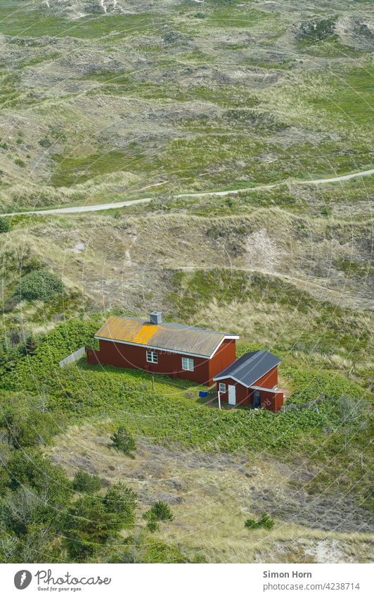 Scandinavian landscape with red houses Wooden house Bird's-eye view Idyll Loneliness self-sufficient Denmark Marram grass path North Courtyard Hermit