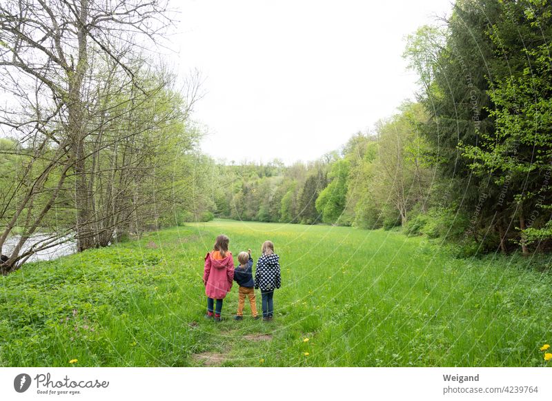 Children on a meadow Meadow children Kindergarten Basic School Education Family Boy (child) Girl Hiking Brothers and sisters