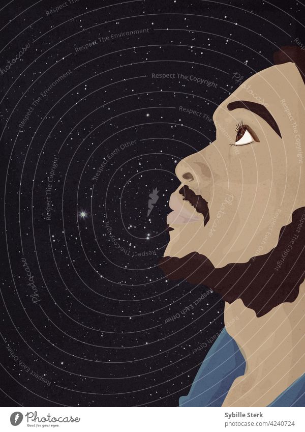 Man staring at the nightsky dreamily man african ethnicity beard dreaming wishing hoping stars wishing on a star hope idealist future Stars Starry sky Night sky