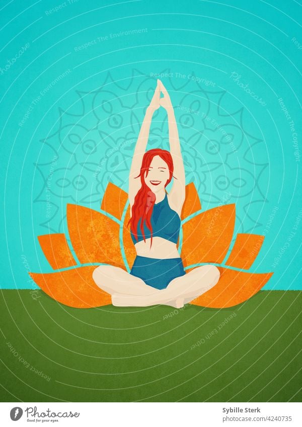 Laughing woman in lotus position with lotus and mandala behind her red hair young woman yoga joy meditation mindful outside Eastern exercise happiness