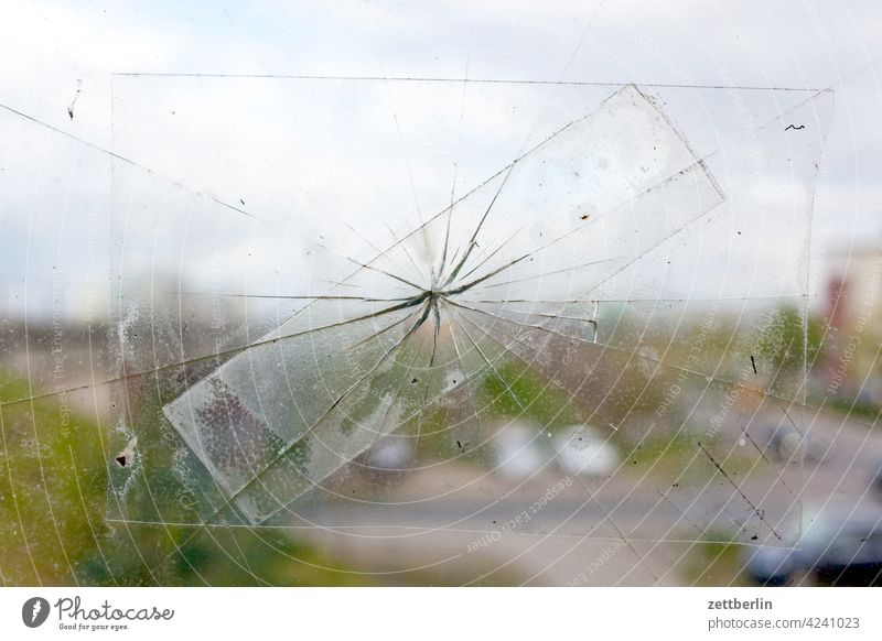 Another hole in the glass Window Broken Hollow Repair Slice spider app jump stone's throw Window pane Pane Glass Crack & Rip & Tear Vandalism Rockfall mend