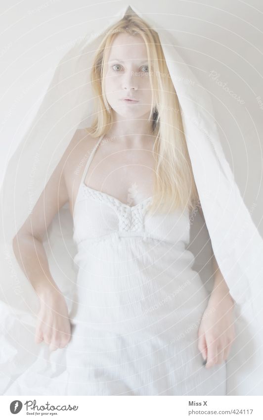 spirit Human being Feminine Woman Adults 1 18 - 30 years Youth (Young adults) Clothing Dress Headscarf Blonde Long-haired Creepy Bright White Ghosts & Spectres