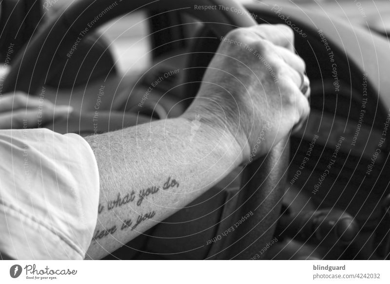 Strong arm on the steering wheel Road traffic Steering wheel Woman stop To hold on Hand car Motor vehicle Motoring Transport Driving Speed Highway