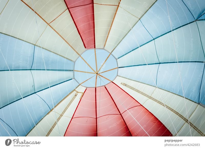 Parachute photographed from below Skydiving Skydiver To fall plummeting plumped parachute silk Flying Freedom Jump Joy Sports Air Thrill Blue variegated motley