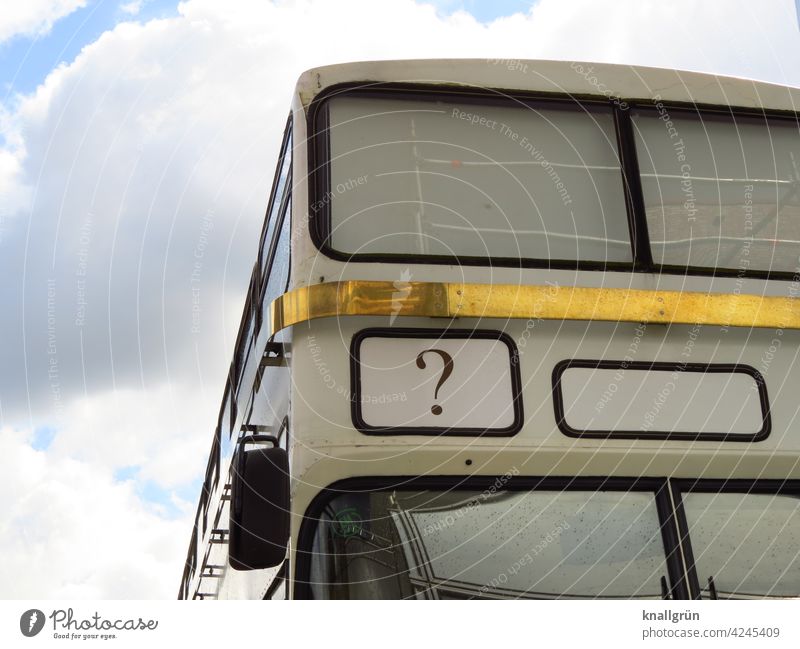 White double-decker bus with unknown destination Question mark Double-decker bus Vehicle Bus Means of transport Public transit Bus travel Passenger traffic
