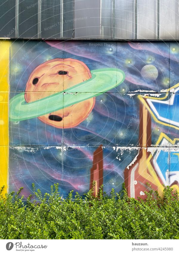 space. Universe Planet Graffiti Astronautics Colour photo Celestial bodies and the universe Astronomy Wall (building) murals facade design Cladding Facade bush