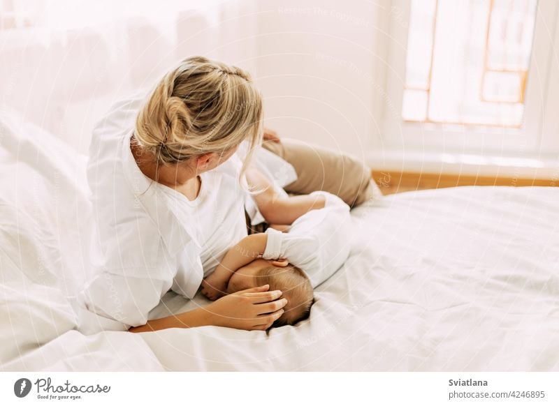 A young mother is breastfeeding her newborn baby while lying on the bed. Care, childhood, motherhood woman milk natural care home family mom infant holding