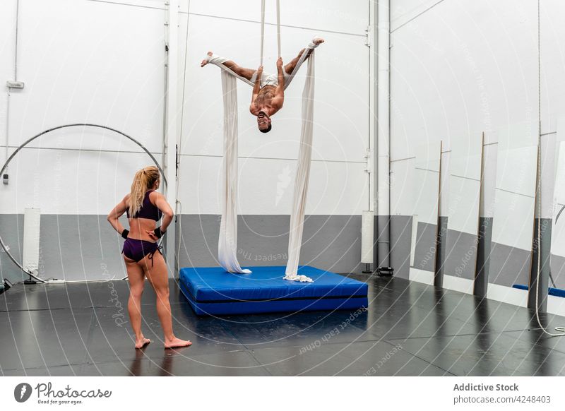 Sportswoman looking at flexible friend performing exercises on aerial silks sportspeople sporty training workout upside down together fit strong practice