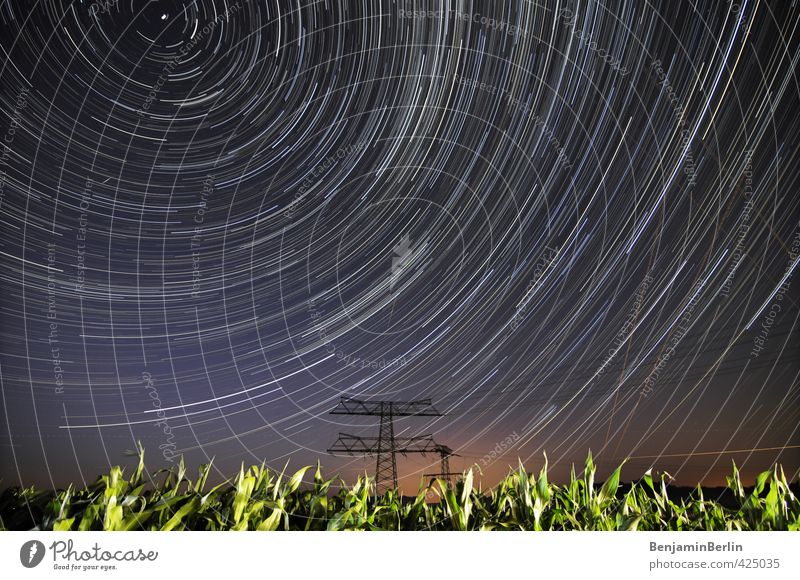 One night in Brandenburg Energy industry Landscape Sky Night sky Stars Horizon Summer Beautiful weather Foliage plant Agricultural crop Field Electricity pylon